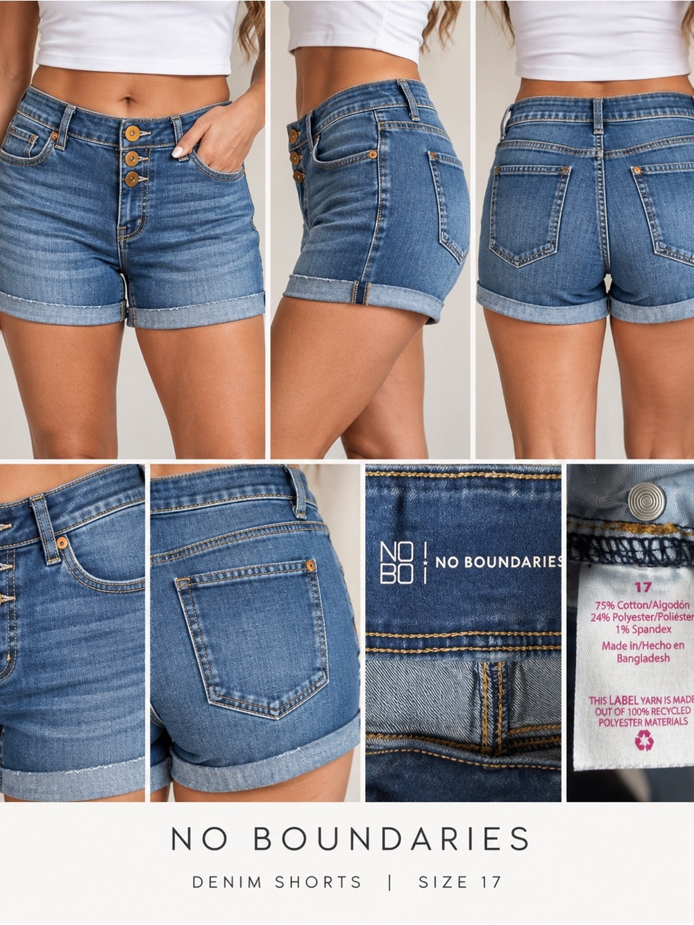 No Boundaries Size 17 High Rise Button Fly Denim Shorts Cuffed Stretch